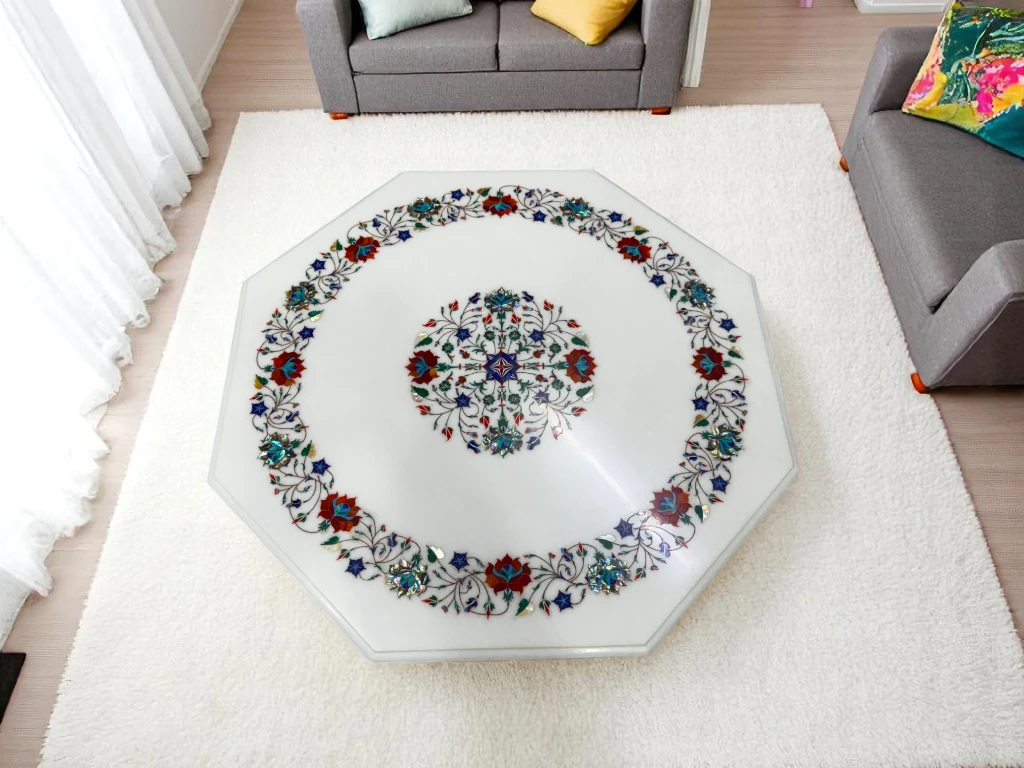Handcrafted Marble Inlay Side Table with Stand Base